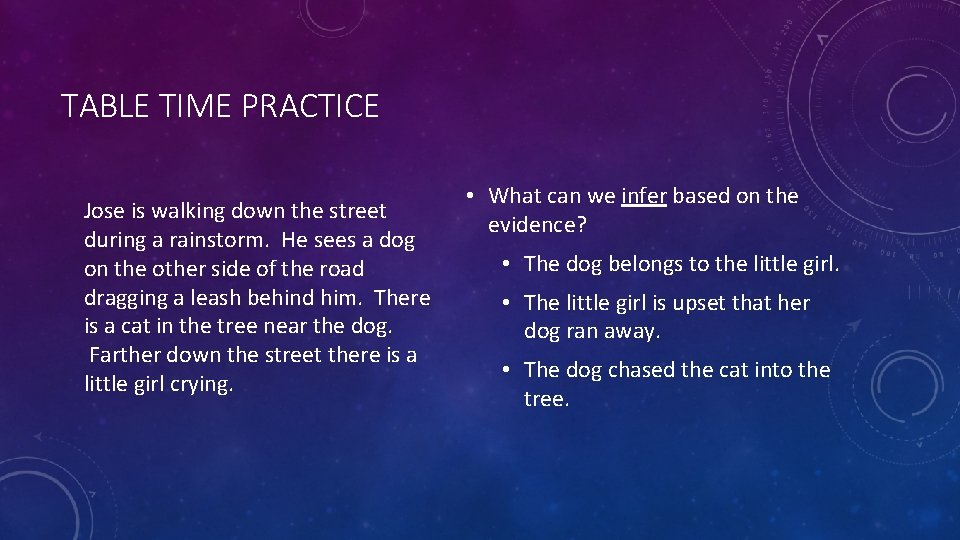 TABLE TIME PRACTICE Jose is walking down the street during a rainstorm. He sees