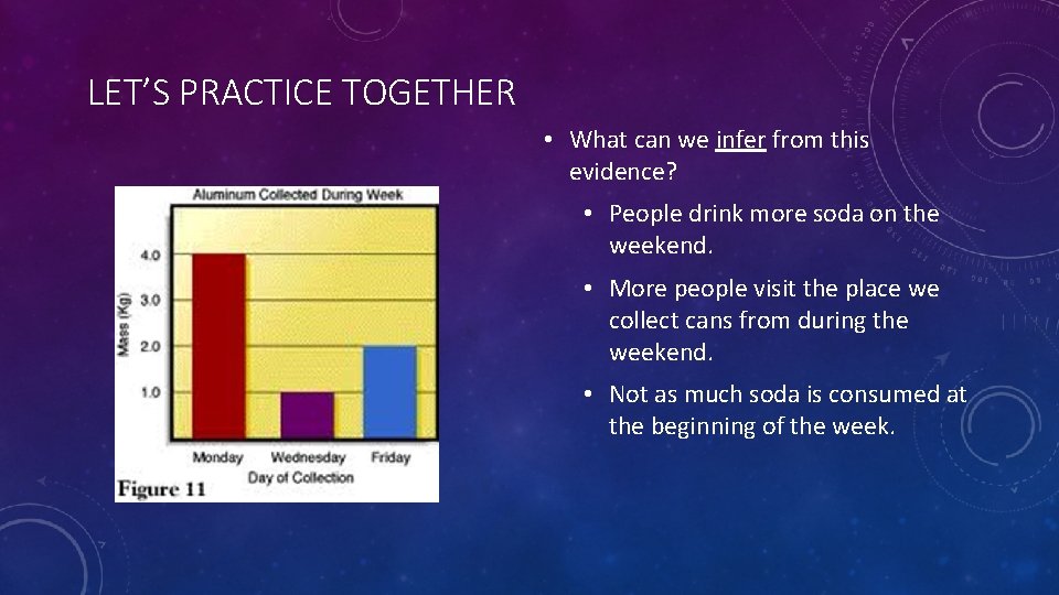 LET’S PRACTICE TOGETHER • What can we infer from this evidence? • People drink