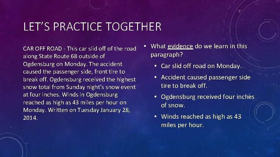 LET’S PRACTICE TOGETHER CAR OFF ROAD - This car slid off of the road