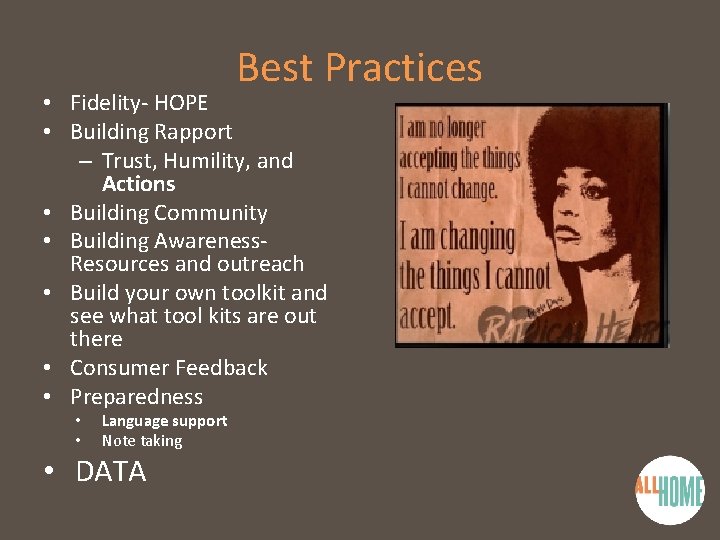 Best Practices • Fidelity- HOPE • Building Rapport – Trust, Humility, and Actions •