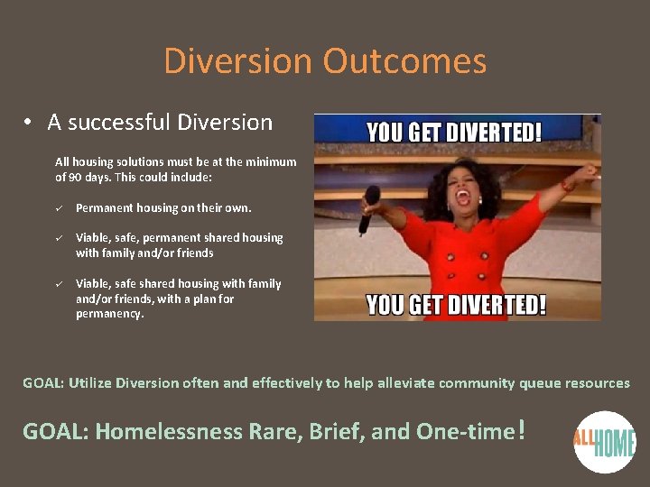 Diversion Outcomes • A successful Diversion All housing solutions must be at the minimum