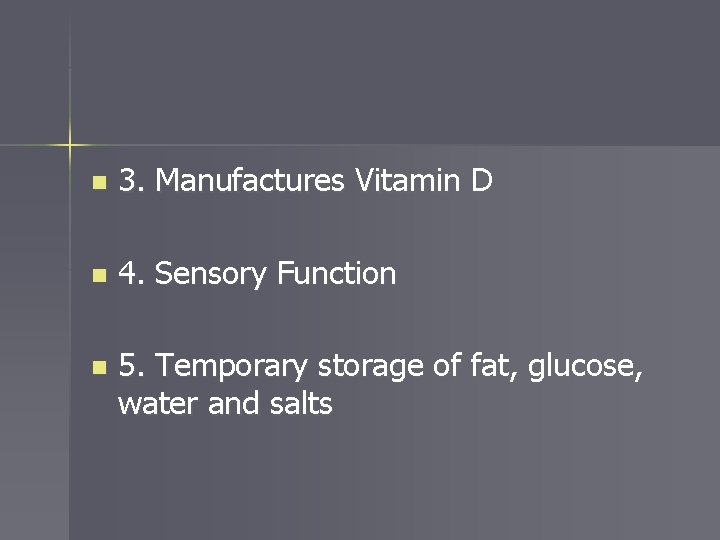 n 3. Manufactures Vitamin D n 4. Sensory Function n 5. Temporary storage of