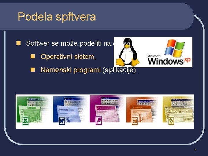 Podela spftvera n Softwer se može podeliti na: n Operativni sistem, n Namenski programi