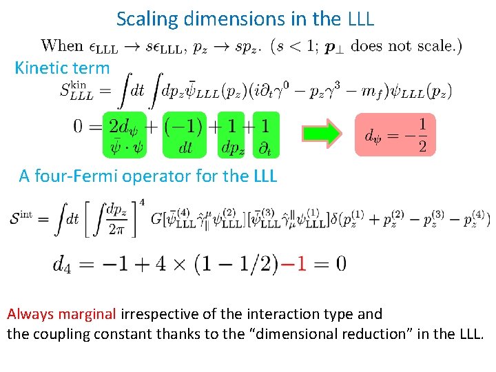 Scaling dimensions in the LLL Kinetic term A four-Fermi operator for the LLL Always