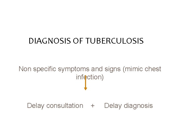 DIAGNOSIS OF TUBERCULOSIS Non specific symptoms and signs (mimic chest infection) Delay consultation +