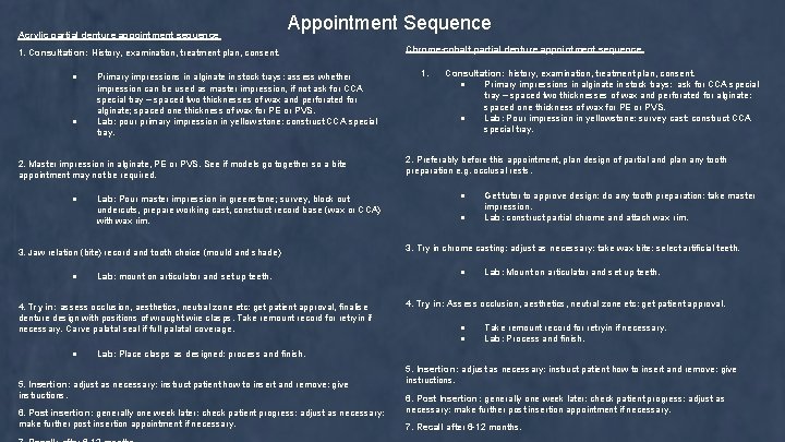 Acrylic partial denture appointment sequence Appointment Sequence 1. Consultation: History, examination, treatment plan, consent.