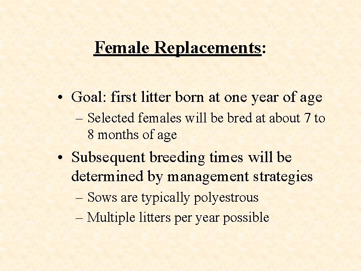Female Replacements: • Goal: first litter born at one year of age – Selected