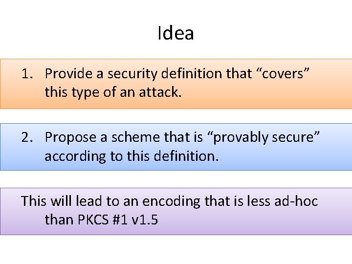 Idea 1. Provide a security definition that “covers” this type of an attack. 2.
