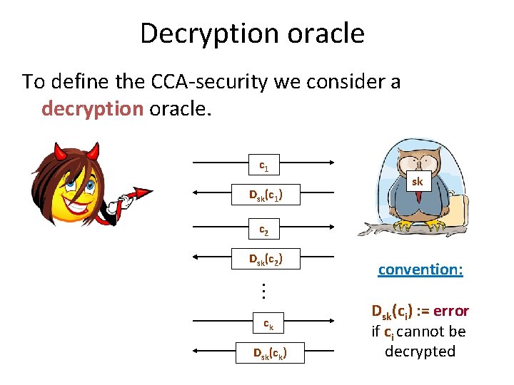 Decryption oracle To define the CCA-security we consider a decryption oracle. c 1 Dsk(c