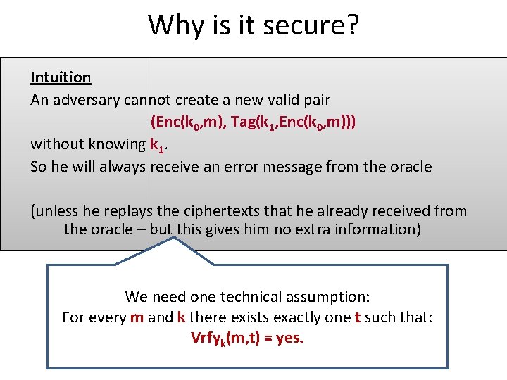 Why is it secure? Intuition An adversary cannot create a new valid pair (Enc(k