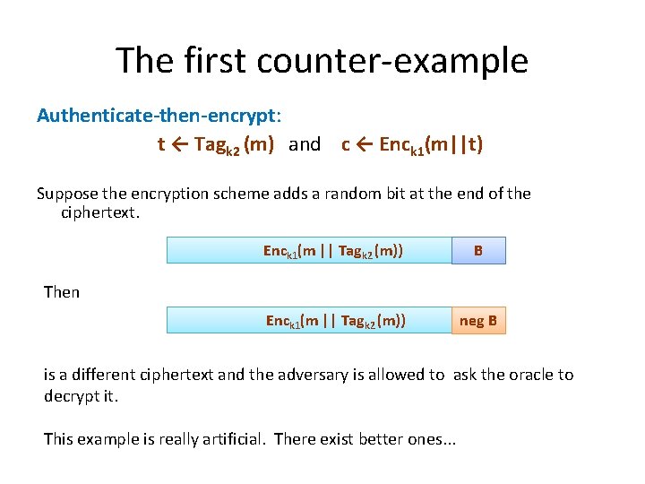 The first counter-example Authenticate-then-encrypt: t ← Tagk 2 (m) and c ← Enck 1(m||t)