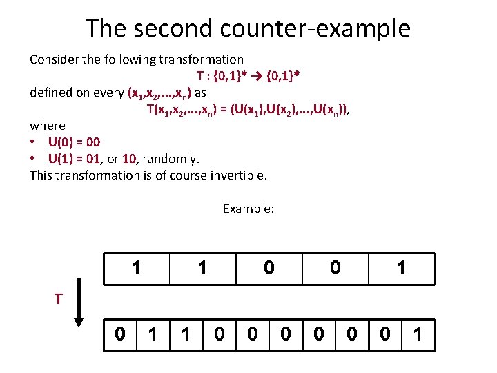 The second counter-example Consider the following transformation T : {0, 1}* → {0, 1}*