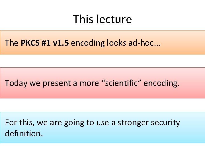 This lecture The PKCS #1 v 1. 5 encoding looks ad-hoc. . . Today