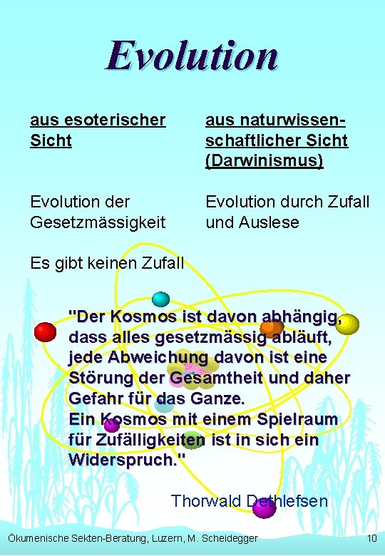 Evolution aus esoterischer Sicht aus naturwissenschaftlicher Sicht (Darwinismus) Evolution der Gesetzmässigkeit Evolution durch Zufall