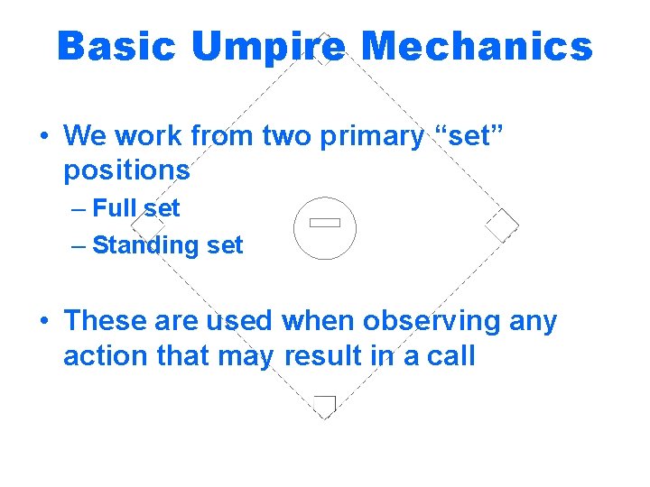 Basic Umpire Mechanics • We work from two primary “set” positions – Full set