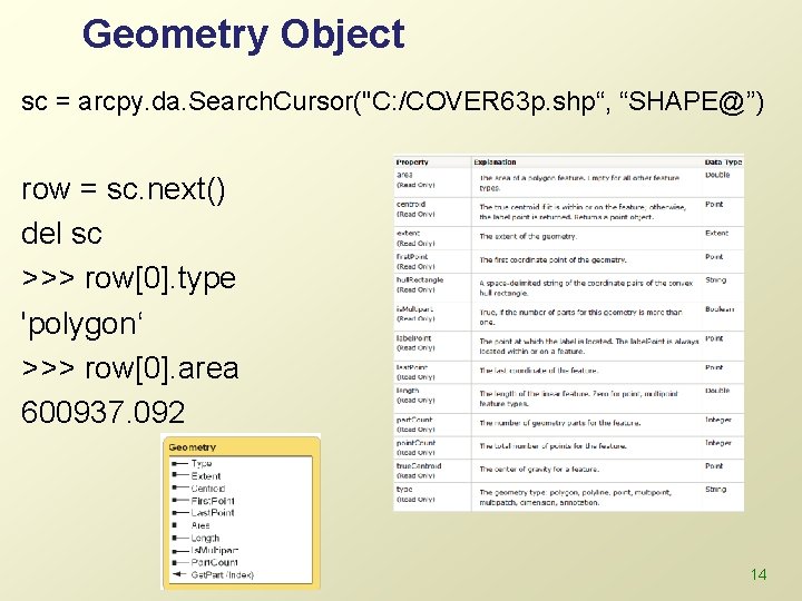 Geometry Object sc = arcpy. da. Search. Cursor("C: /COVER 63 p. shp“, “SHAPE@”) row