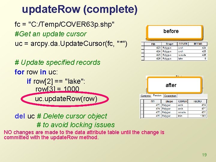 update. Row (complete) fc = "C: /Temp/COVER 63 p. shp" #Get an update cursor