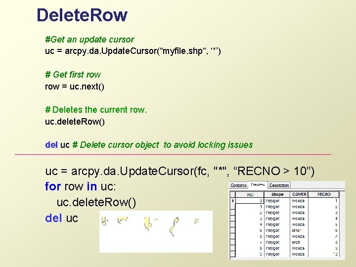 Delete. Row #Get an update cursor uc = arcpy. da. Update. Cursor(“myfile. shp“, ‘*’)