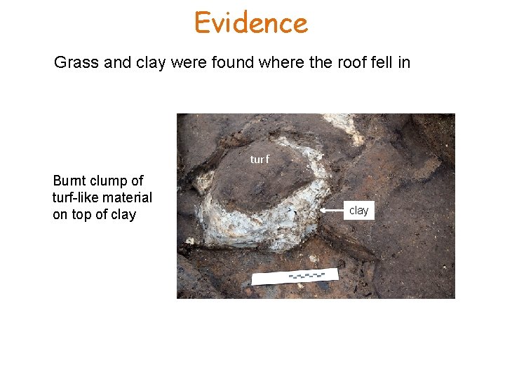 Evidence Grass and clay were found where the roof fell in turf Burnt clump