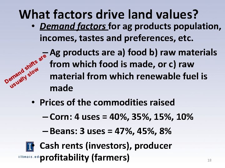What factors drive land values? • Demand factors for ag products population, incomes, tastes