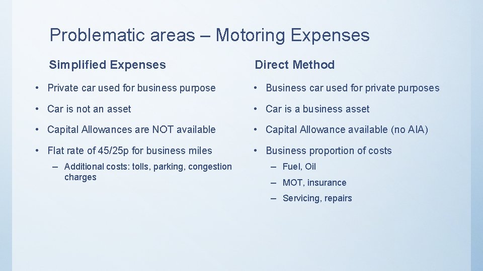 Problematic areas – Motoring Expenses Simplified Expenses Direct Method • Private car used for