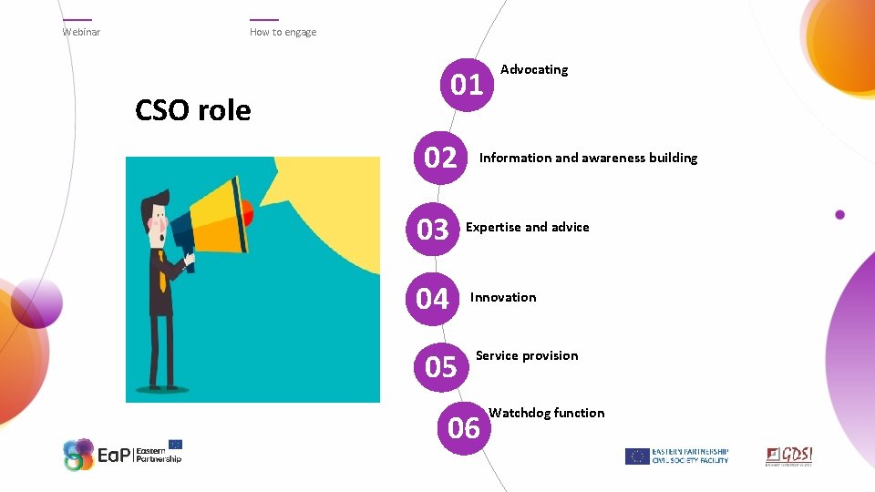 Webinar How to engage 01 CSO role 02 03 04 05 Advocating Information and