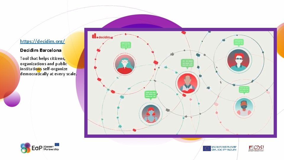 https: //decidim. org/ Decidim Barcelona Tool that helps citizens, organizations and public institutions self-organize