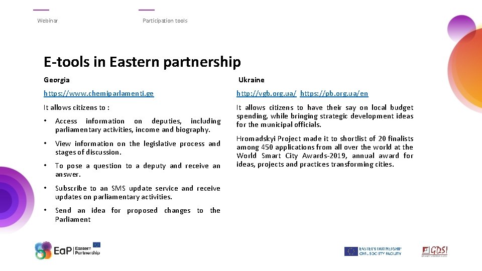 Webinar Participation tools E-tools in Eastern partnership Georgia Ukraine https: //www. chemiparlamenti. ge http: