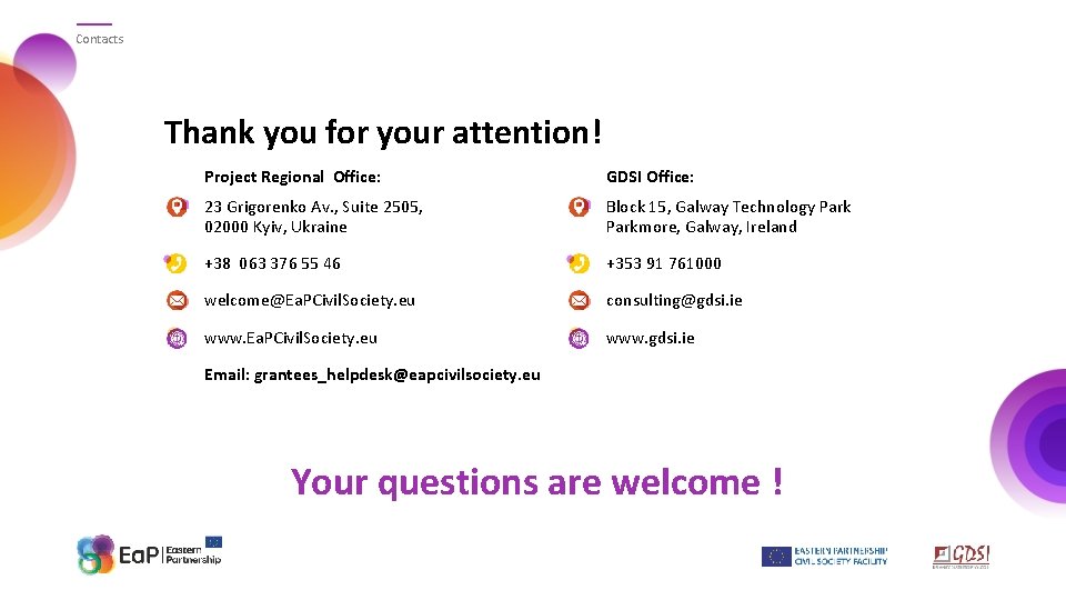 Contacts Thank you for your attention! Project Regional Office: GDSI Office: 23 Grigorenko Av.