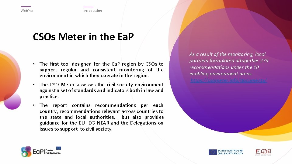 Webinar Introduction CSOs Meter in the Ea. P • The first tool designed for