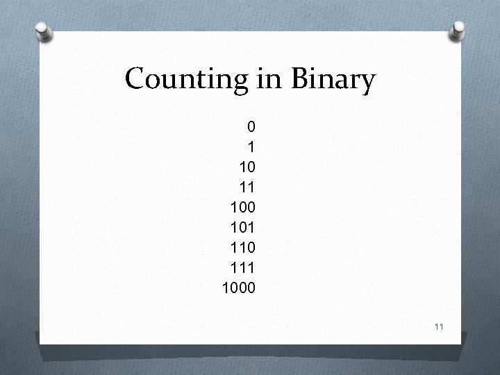 Counting in Binary 0 1 10 11 100 101 110 111 1000 11 