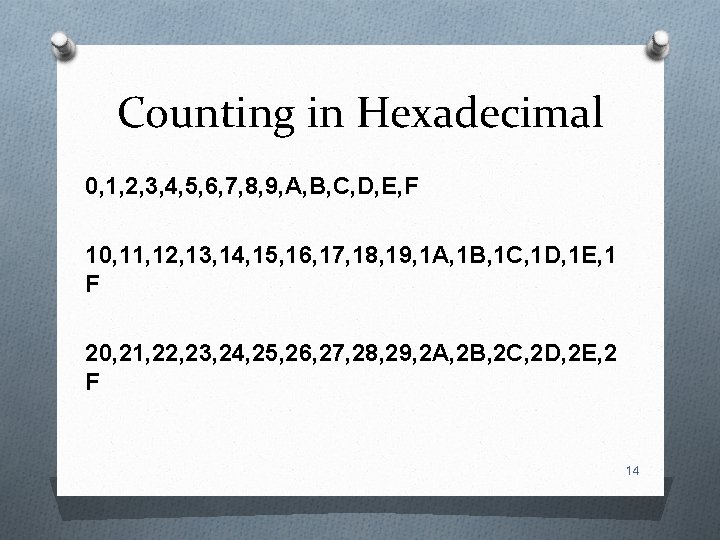 Counting in Hexadecimal 0, 1, 2, 3, 4, 5, 6, 7, 8, 9, A,