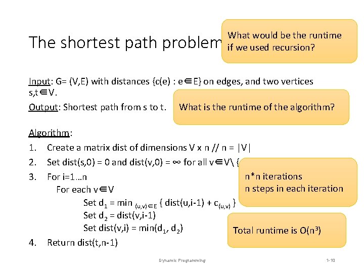 The shortest path problem What would be the runtime if we used recursion? Input: The shortest path problem What would be the runtime if we used recursion? Input: