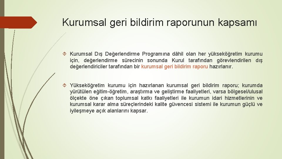 Kurumsal geri bildirim raporunun kapsamı Kurumsal Dış Değerlendirme Programına dâhil olan her yükseköğretim kurumu