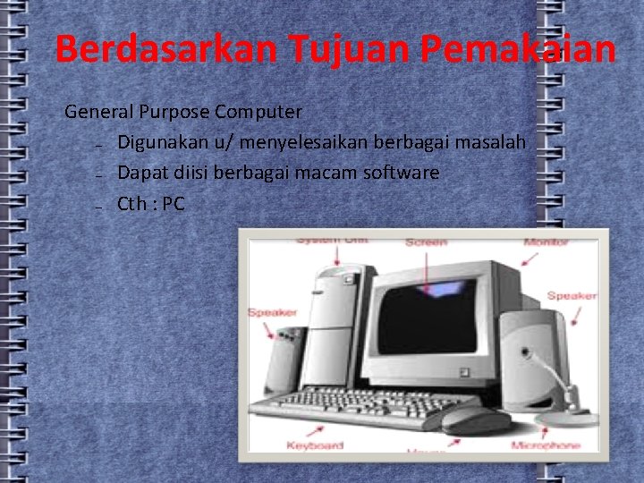 Berdasarkan Tujuan Pemakaian General Purpose Computer – Digunakan u/ menyelesaikan berbagai masalah – Dapat