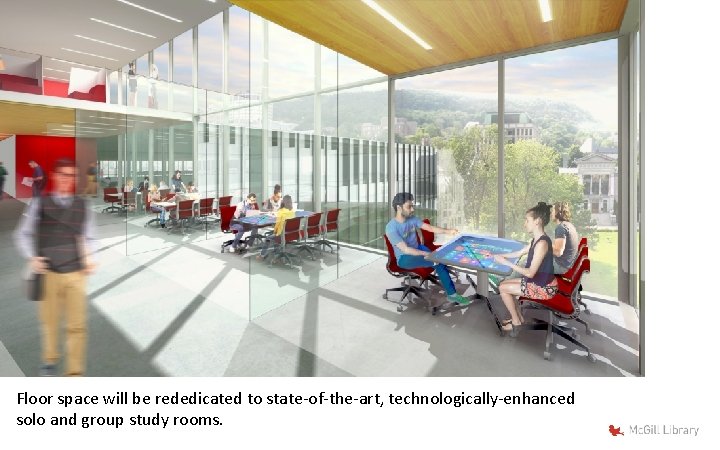Floor space will be rededicated to state-of-the-art, technologically-enhanced solo and group study rooms. 