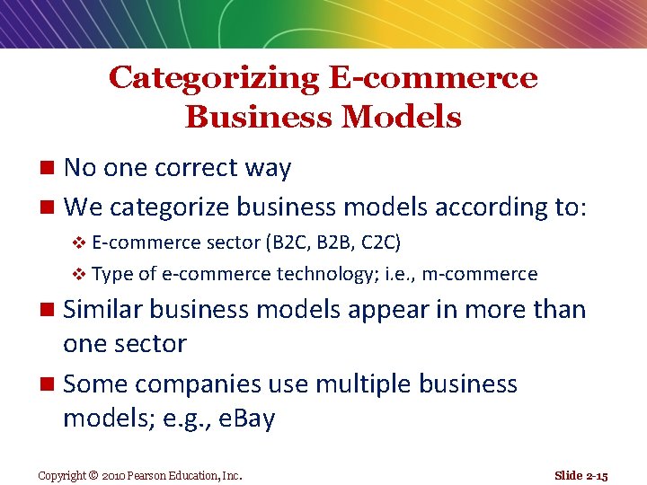 Categorizing E-commerce Business Models No one correct way n We categorize business models according