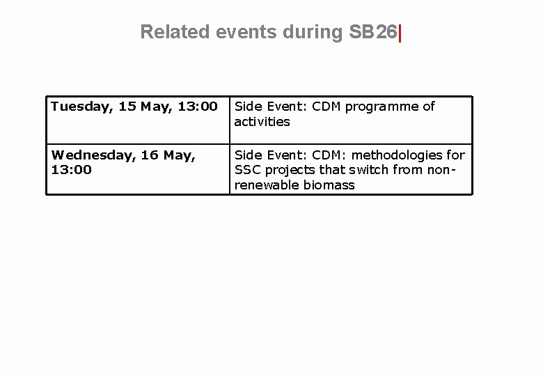Related events during SB 26| Tuesday, 15 May, 13: 00 Side Event: CDM programme