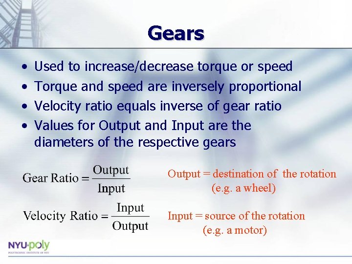Gears • • Used to increase/decrease torque or speed Torque and speed are inversely Gears • • Used to increase/decrease torque or speed Torque and speed are inversely