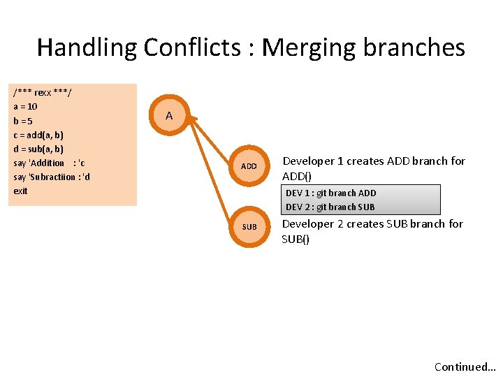 Handling Conflicts : Merging branches /*** rexx ***/ a = 10 b=5 c =