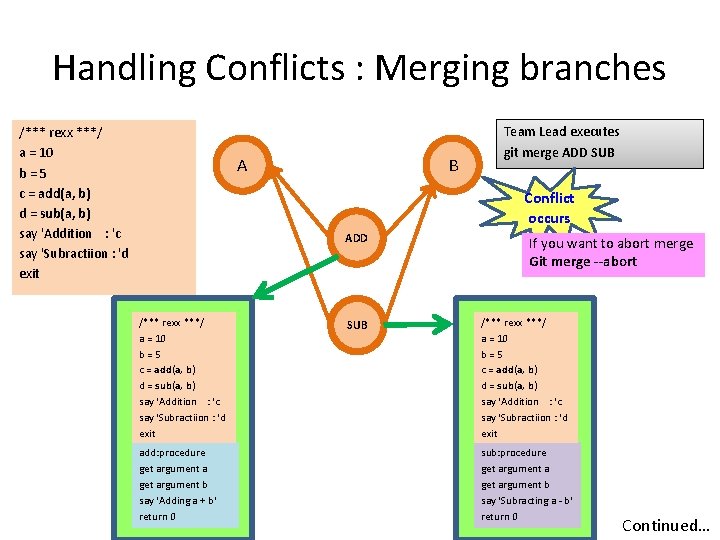 Handling Conflicts : Merging branches /*** rexx ***/ a = 10 b=5 c =
