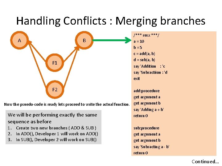 Handling Conflicts : Merging branches A B F 1 /*** rexx ***/ a =