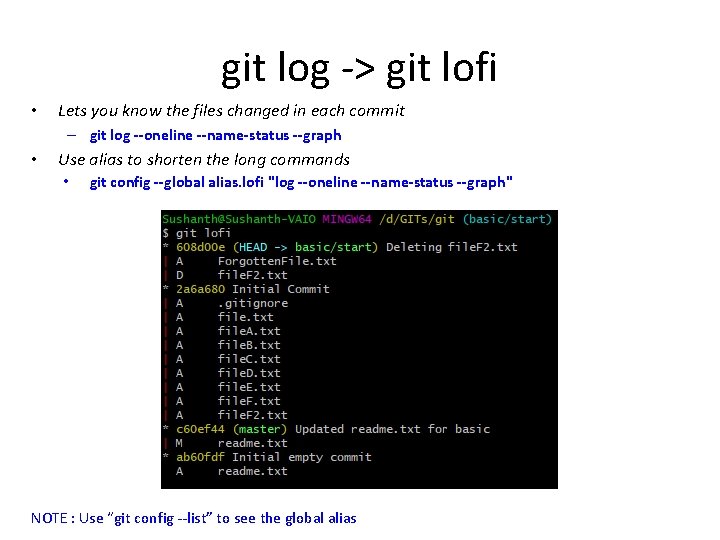 git log -> git lofi • Lets you know the files changed in each