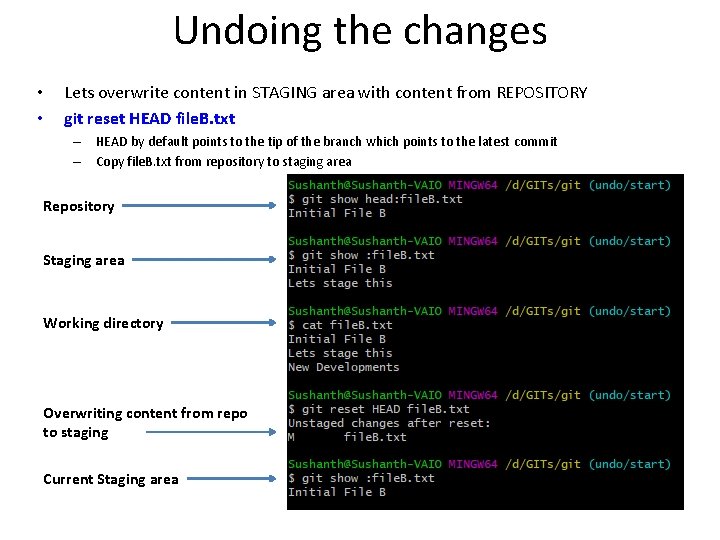 Undoing the changes • • Lets overwrite content in STAGING area with content from