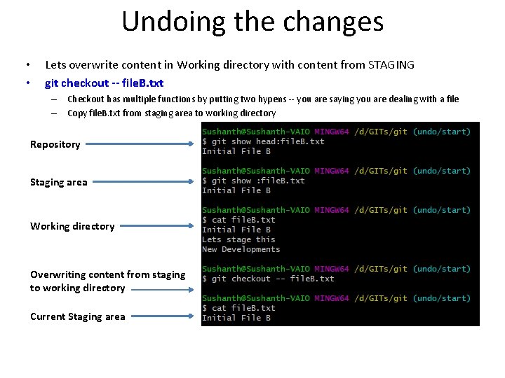 Undoing the changes • • Lets overwrite content in Working directory with content from