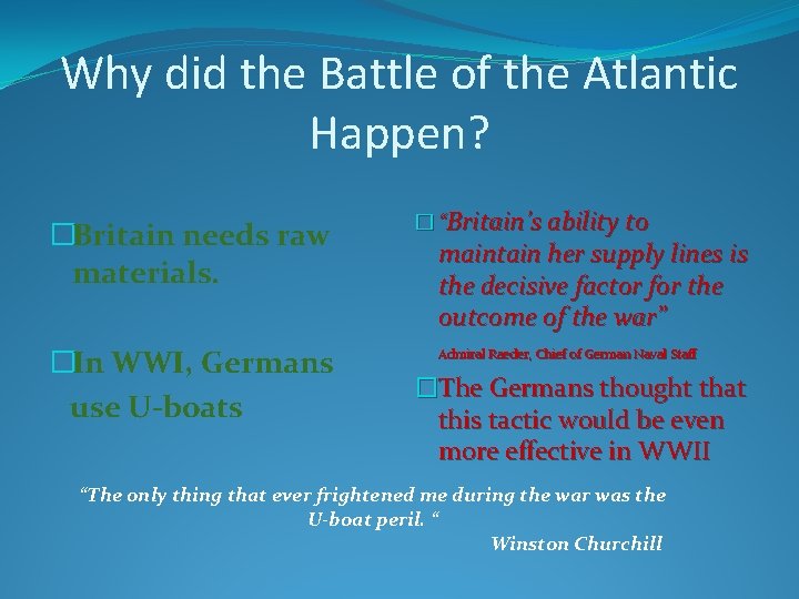 Why did the Battle of the Atlantic Happen? �Britain needs raw materials. �In WWI,