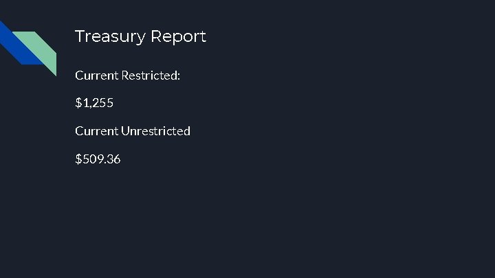 Treasury Report Current Restricted: $1, 255 Current Unrestricted $509. 36 