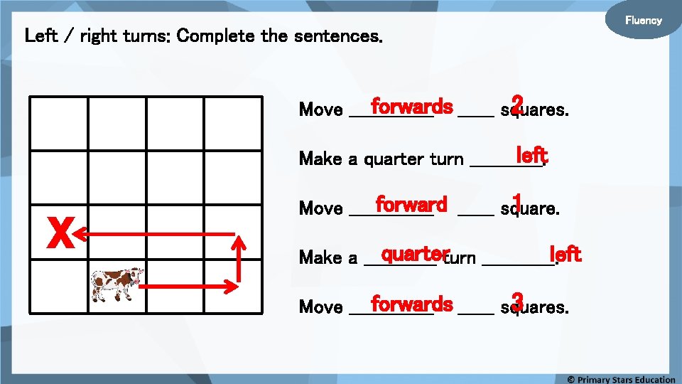 Left / right turns: Complete the sentences. 2 forwards ______ squares. Move _______ left