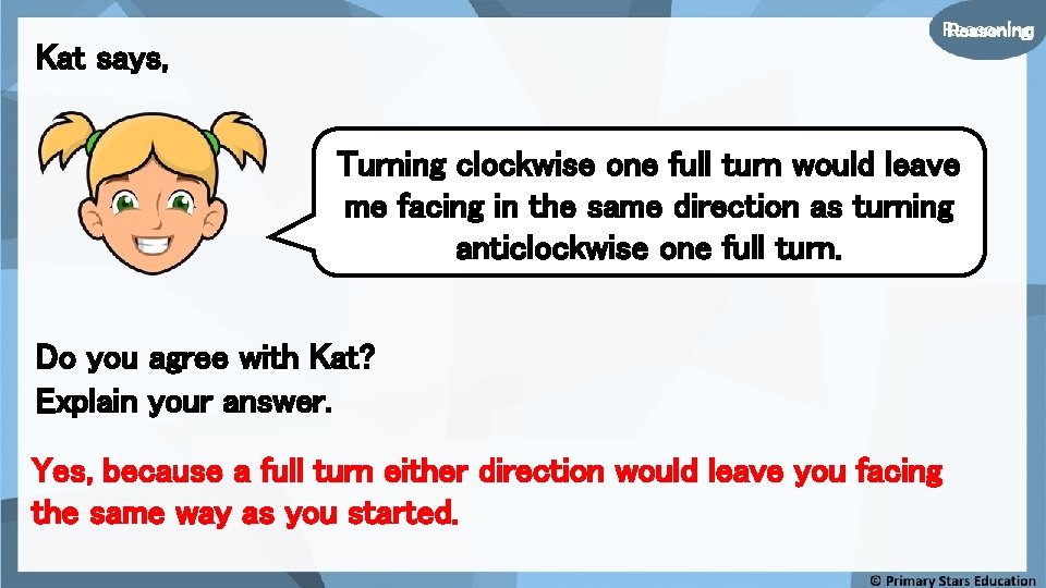 Reasoning Kat says, Turning clockwise one full turn would leave me facing in the