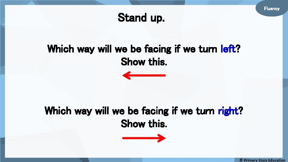 Fluency Stand up. Which way will we be facing if we turn left? Show